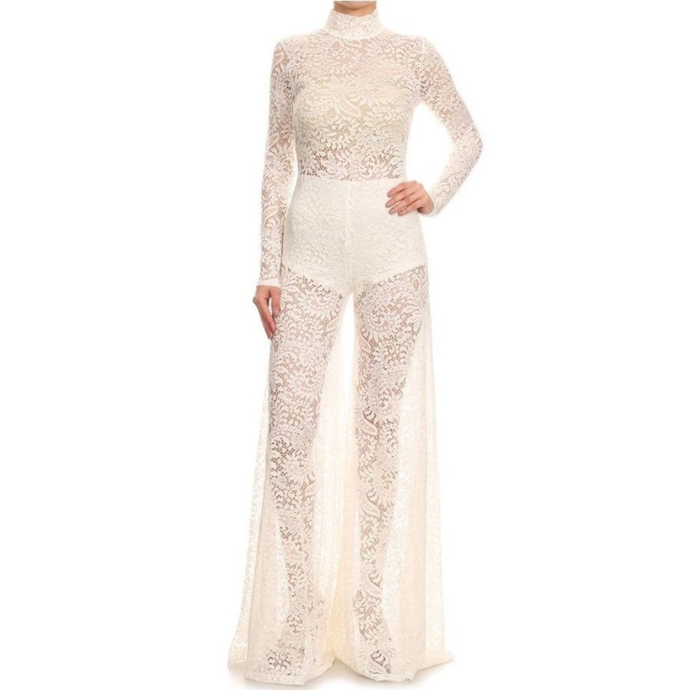 Ivory White Crochet Lace Wide Leg Jumpsuit Pantsuit Outfit Dance Clubwear